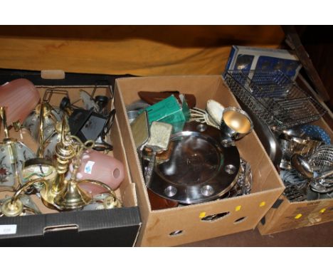 TWO TRAYS OF ASSORTED METALWARE TOGETHER WITH A TRAY OF CEILING LIGHTS, ETC 