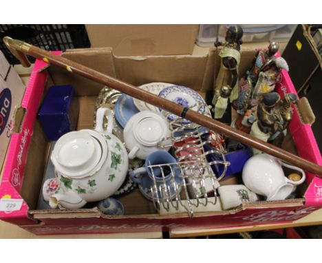 A TRAY OF ASSORTED CHINA AND CERAMICS TOGETHER WITH A BRASS TOPPED WALKING STICK 