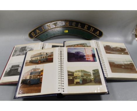 THREE ALBUMS OF VINTAGE BUS PHOTOGRAPHS TOGETHER WITH A LOCOMOTIVE NAME PLATE 