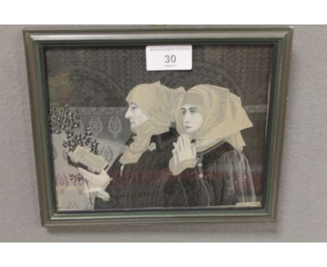 AN ANTIQUE NEYRET FRERLES STEVENGRAPH SILK TAPESTRY DEPICTING TWO NUNS PRAYING  