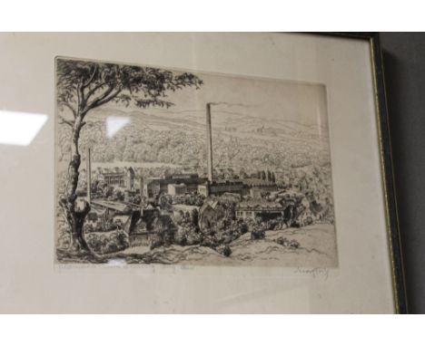 A FRAMED AND GLAZED ETCHING OF A INDUSTRIAL LANDSCAPE, FELDMOHCE WORK ARNS BERG GEORGE FRITZ, 1950. (1143)
