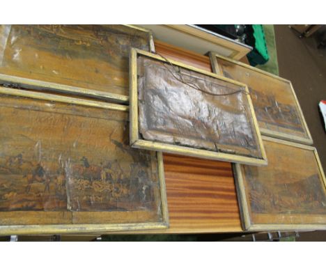 A SET OF FIVE FRAMED ENGRAVINGS STUCK ON CANVAS, TARNISHED VARNISHED HUNTING SCENES (5) (2566)
