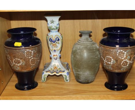 A PAIR OF ROYAL DOULTON LAMBETH WARE VASES TOGETHER WITH AN ROUEN CANDLE STICK A/F, AND A VINTAGE GLASS BOTTLE 