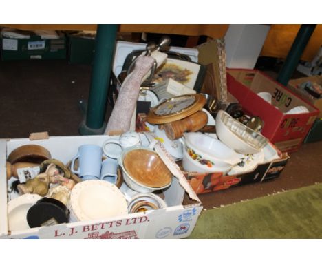 FOUR TRAYS OF CHINA AND CERAMICS TO INCLUDE A SET OF KITCHEN SCALES, ETC 