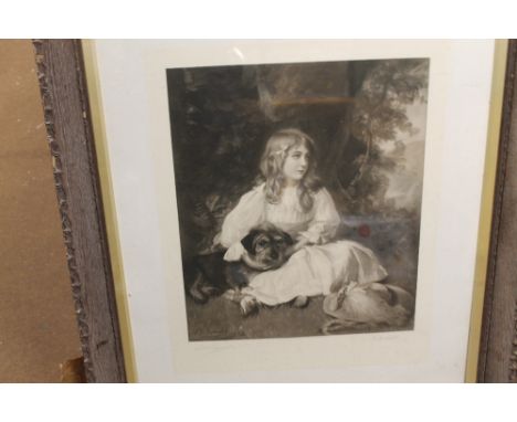 A FRAMED AND GLAZED PRINT OF A PORTRAIT OF A YOUNG LADY AND A DOG(1554)