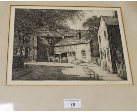 A FRAMED AND GLAZED ETCHING OF A VILLAGE STREET SCENE WITH A HORSE AND CART AT THE MILL (1102)
