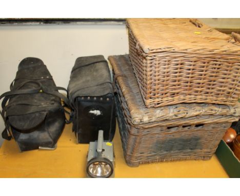 TWO WICKER HAMPERS TOGETHER WITH TWO LEATHER RAILWAY DRIVERS BAGS AND A BR LAMP 