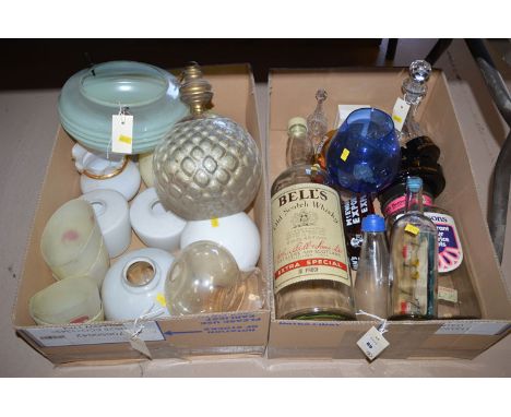 A large Bells Old Scotch Whisky advertising bottle; a Benson's sweet jar; John Player ashtrays; and glass light shades, in tw