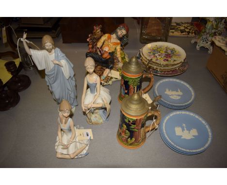 Three modern Spanish ceramic figures; Capodimonte group; decorative plates; and eight Wedgwood plated depicting famous buildi