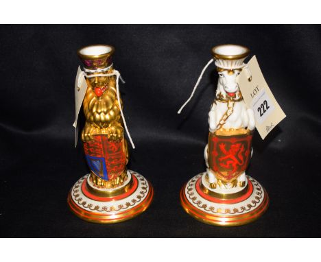 A pair of Minton ceramic Mulberry Hall York Queens Beasts pattern candlesticks, limited edition, No. 9 of 250 commemorating t