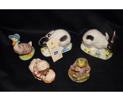 A collection of five ceramic ornaments, comprising: three Beswick Beatrix Potter figures: 'Jeremy Fisher', 'Mrs. Tiggy Winkle
