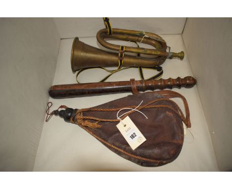 An old leather flask for carrying water/wine (perished); an antique wooden police truncheon with leather strap; and a modern 