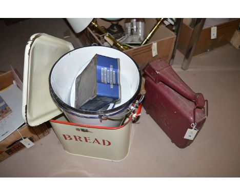 An enamel bread bin in cream and red; two enamel buckets; an Eversure Fillacan petrol can; and others.