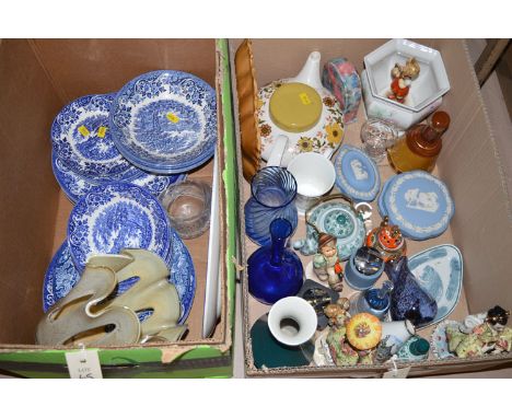 Two boxes of household ceramics, to include; a blue and white decorated part-dinner service; three Hummel figures; a pair of 