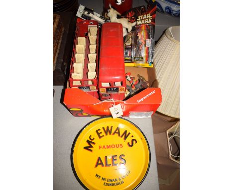 A McEwan's Famous Ales enamelled pub tray, by 'HANCORE' Mitcham; together with a tinplate model of a London Routemaster bus; 