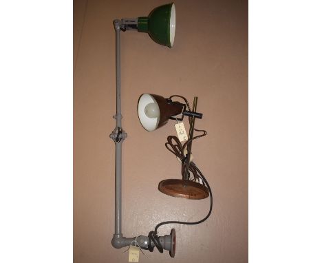 A mid 20th Century anglepoise table lamp with brown base and shade; together with an industrial single poise lamp with green 