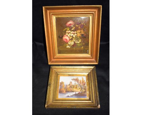 A large rectangular ceramic tile decorated with still-life flowers, in a modern frame (damaged and repaired); together with a