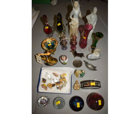 A Wade Art Deco ceramic figure titled 'Peggy II'; together with two Spanish ceramic figures; various glass ornaments; paperwe
