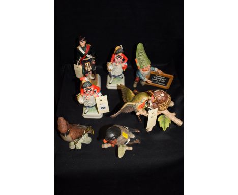 Ceramics by Goebel, to include: Argyle & Sutherland Highlander; a pair of military figures, No. LF12; three ceramic birds; et