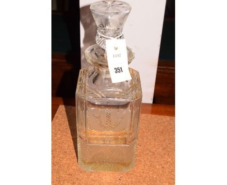 A large Edinburgh Crystal square-shaped cut-glass decanter with thistle shaped stopper, thistle engraving above a chequer-cut