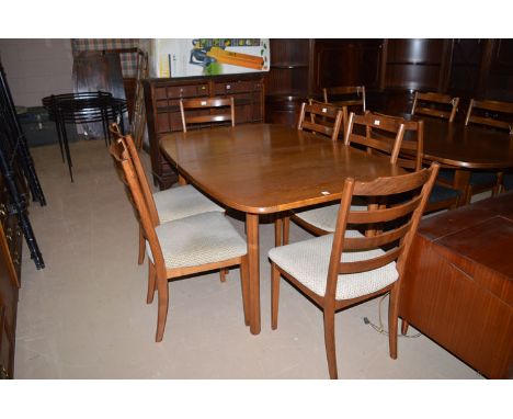 A G Plan eight-piece dining room suite, comprising: a set of six ladder back dining chairs; an extending dining table with fo