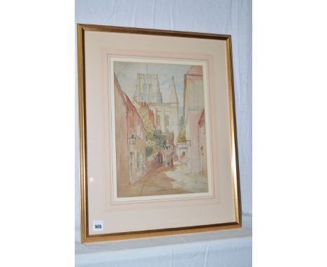 A watercolour, by Thomas Harrison - "Bow Lane, Durham 1923", signed; inscribed verso, and with inscription on a gallery label