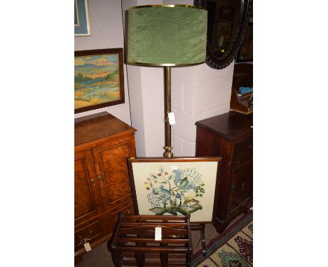 A tilt-top firescreen with tapestry top; together with a modern brass standard lamp and shade; and a modern mahogany stained 