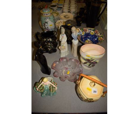 Malingware 'Clematis' pattern fruit bowl; a 'Coleus' pattern vase; and a 'Brocade' pattern biscuit jar and cover; together wi