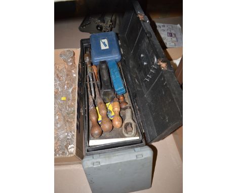 A modern plastic tool box containing a Sykes-Pickavant pipe flaring tool; impact driver; a large selection of miscellaneous h