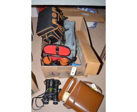 A pair of Russian night viewing binoculars; a pair of cased Everest De-Luxe 7 x 50 binoculars; a Highlight camera; together w