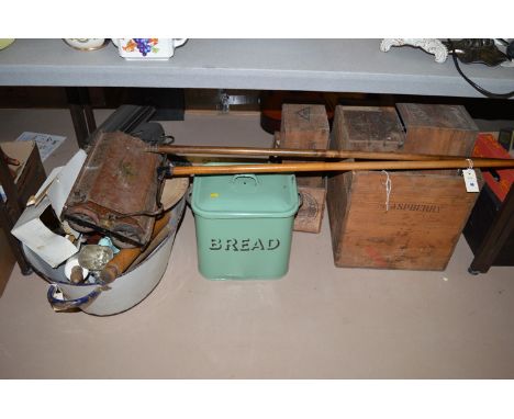 Four wooden boxes; a Vintage Ewbank carpet sweeper; and enamel bread bin; Vintage typewriter; together with kitchen accessori