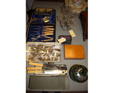 A Venetian green glass decanter with white metal overlay; together with a small rectangular oak box; a glass and plated metal