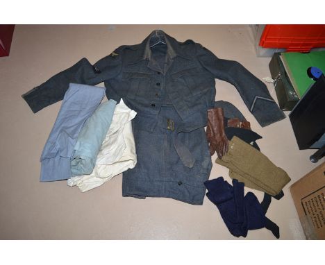 A WWII R.A.F. dress blouse size 8, by Horne Ltd with Telecommunications badge and eagle shoulder badges and trousers size 7, 