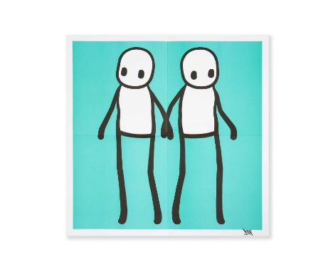 Stik (British 1979-), 'Holding Hands (Teal)', 2020, lithograph in colours on wove paper, signed in black ink; sheet: 50 x 50c
