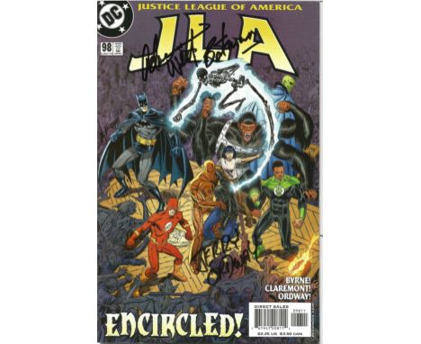 DC Comic Justice League of America Encircled (98 July 04) signed on the cover by Batman Adam West and writer Jerry Ordway. Go