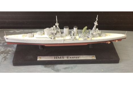 World War Two small scale model Battleship HMS Exeter in original box. HMS Exeter was the second and last York-class heavy cr