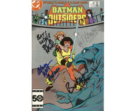 DC Comic Batman and the outsiders Aug 85 signed on the cover by Batman Adam West, Robin Burt Ward and writer Bob Kane. Good C