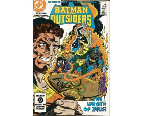 DC Comic Batman and the Outsiders Oct 84 signed on cover by artist Jim Apparo and the original Batman Lewis Wilson. Good Cond