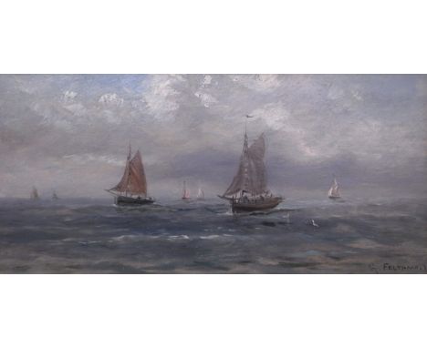 G FELTHAM (XIX) A framed oil on board, 19th Century seascape off Yarmouth.  Signed bottom right.  17.5cm x 36.5cm 