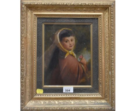19th CENTURY ENGLISH SCHOOL: oil on canvas, portrait of a young girl holding a red flower, titled verso 'The Pet of the Villa