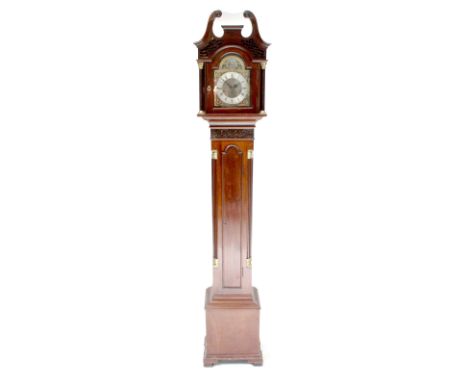 A Georgian-style grandmother clock, the silvered dial set with Roman numerals within a hood with broken swan neck pediment, c