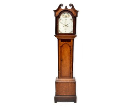 Haynes Stamford; 19th century oak and mahogany crossbanded eight-day longcase clock, the painted dial set with Arabic numeral