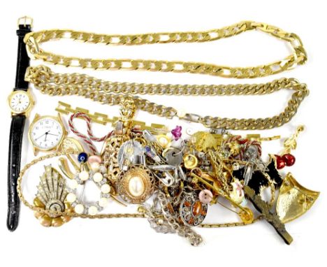 A quantity of mixed costume jewellery to include a flat curb necklace, watches, brooches, bracelets, earrings, cufflinks, etc