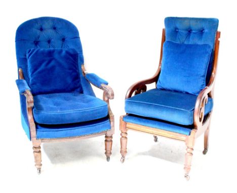 Two Victorian non-matching mahogany armchairs, one curved top rail to outswept padded arms, baluster supports and castors, on