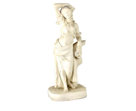 A mid-19th century Worcester Parian ware figure 'Comedy' after W B Kirk, depicting a Classical lady leaning on a tree stump, 