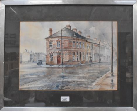 BRIAN R ENTWISTLE; watercolour, Liverpool street scene of terraced houses and figures in the rain, 30 x 43cm, framed and glaz