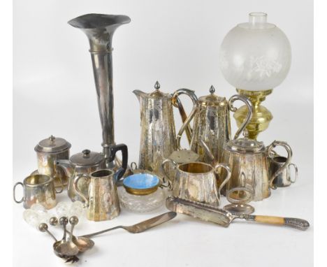 A quantity of silver plated ware and other metal items to include a four-piece Victorian tea set, a cut glass dressing table 