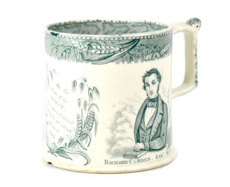 A 19th century green and white transfer 'Corn Laws' cider mug with motto 'By the efforts of the League, the first approach to