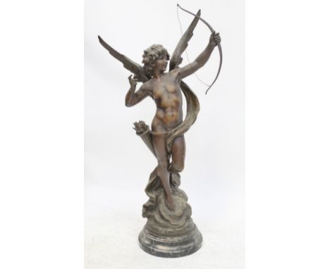 A late 19th century spelter figure of Cupid with a bow and arrow, dated 1907 Copyright by D &amp; JR factory stamp, height 94