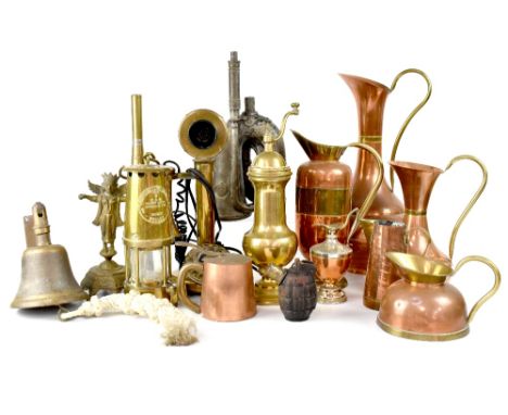 A large collection of assorted metalware to include an M&amp;Q Protector miners' lamp, an unusual brass coffee grinder, large